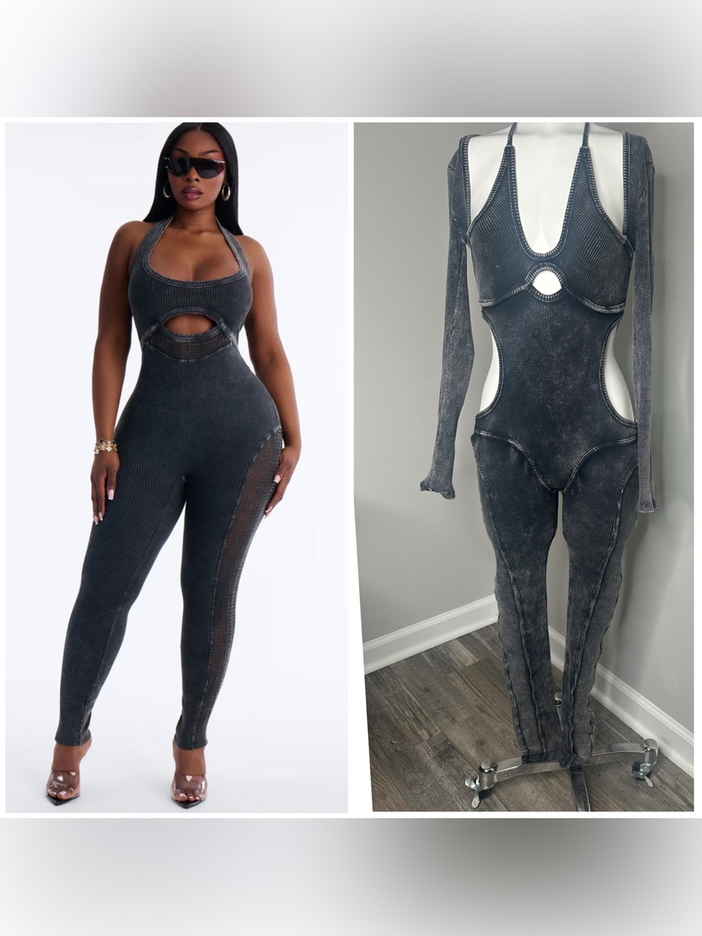 FASHION NOVA Cutout Washed-Black Ribbed Halter Jumpsuit- MEDIUM- PRELOVED